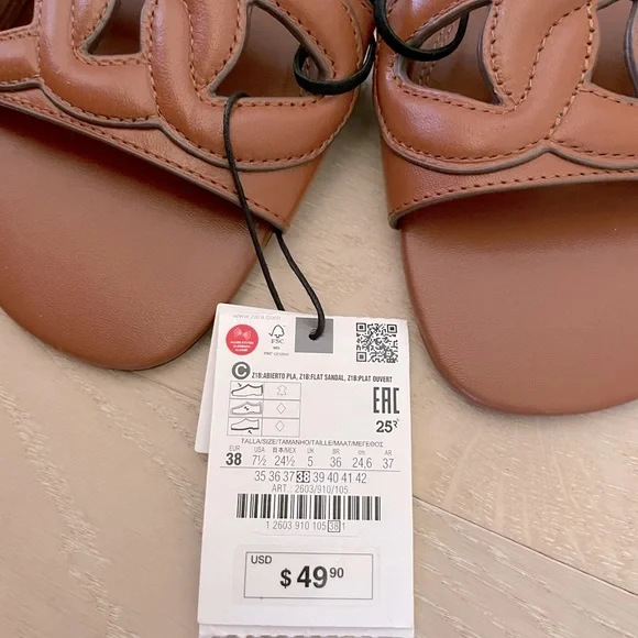 Zara Brown Leather Flat Sandals - Picture 2 of 5